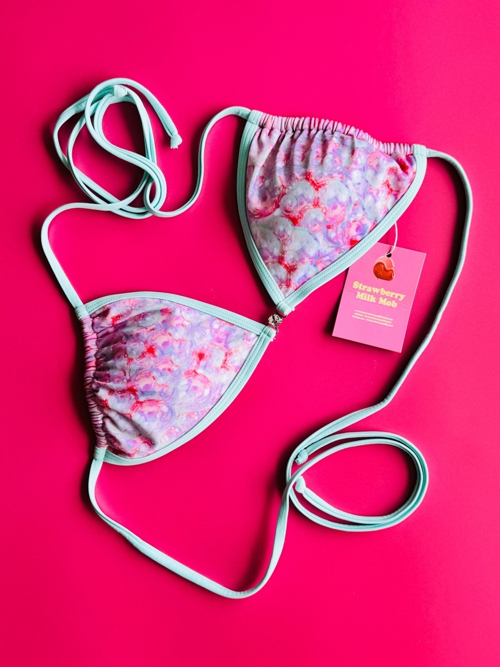 Sz L Strawberry Milk Mob ‘Milky Way’ Holographic Bubbles Bikini Top NWT